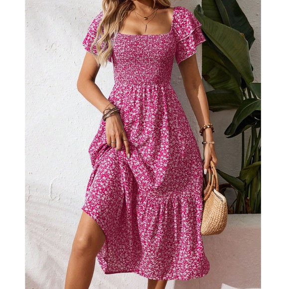 Boho Floral Print Double Ruffle Short Sleeve Smocked Dress - Picture 1 of 8